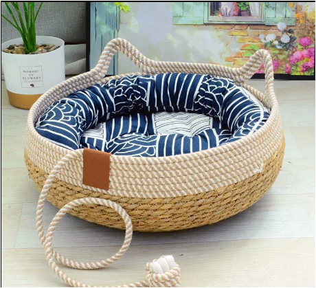 EcoNest Handwoven Pet Bed – Natural Paper Rope Dog & Cat Nest & cushion
